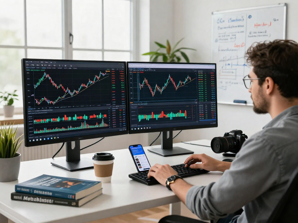 MetaTrader 5交易者在现代工作空间分析市场趋势, 展示实时图表和自动交易策略。